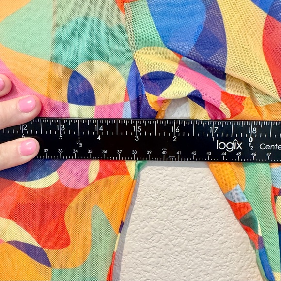 Y2K Psychedelic Mesh Mini Dress Sheer Abstract Ruched Long Sleeve Clubwear Party - Picture 5 of 9